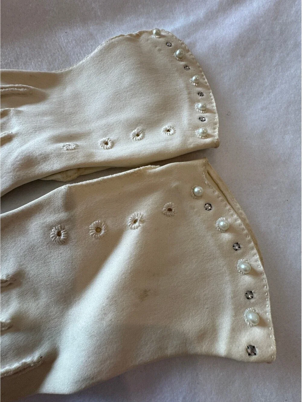 Vintage Ivory Nylon Gloves with Rhinestone and Lace Trim Group of 3